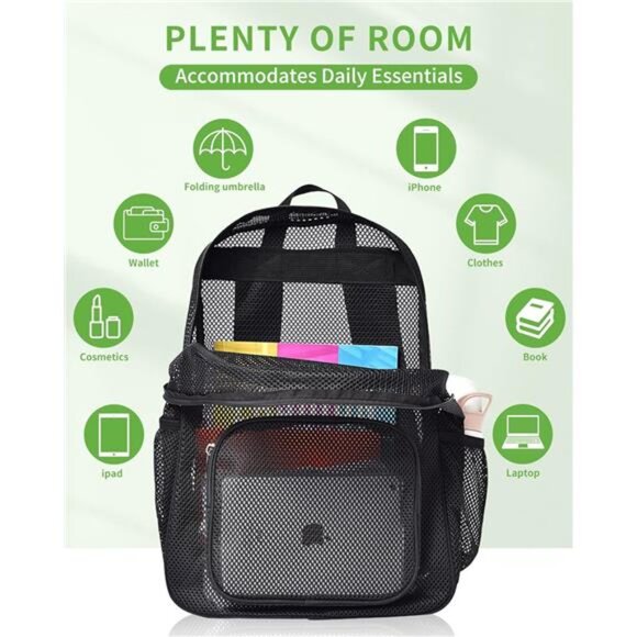 Mesh Backpack for School Beach Swimming Outdoor Fitness, Heavy Duty Mesh Bookbag - Picture 3 of 7